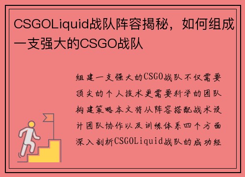 CSGOLiquid战队阵容揭秘，如何组成一支强大的CSGO战队
